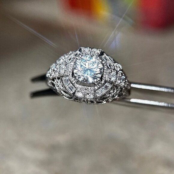 Art Deco Style Round Cut Cz Silver 925 Ring - Picture 9 of 13